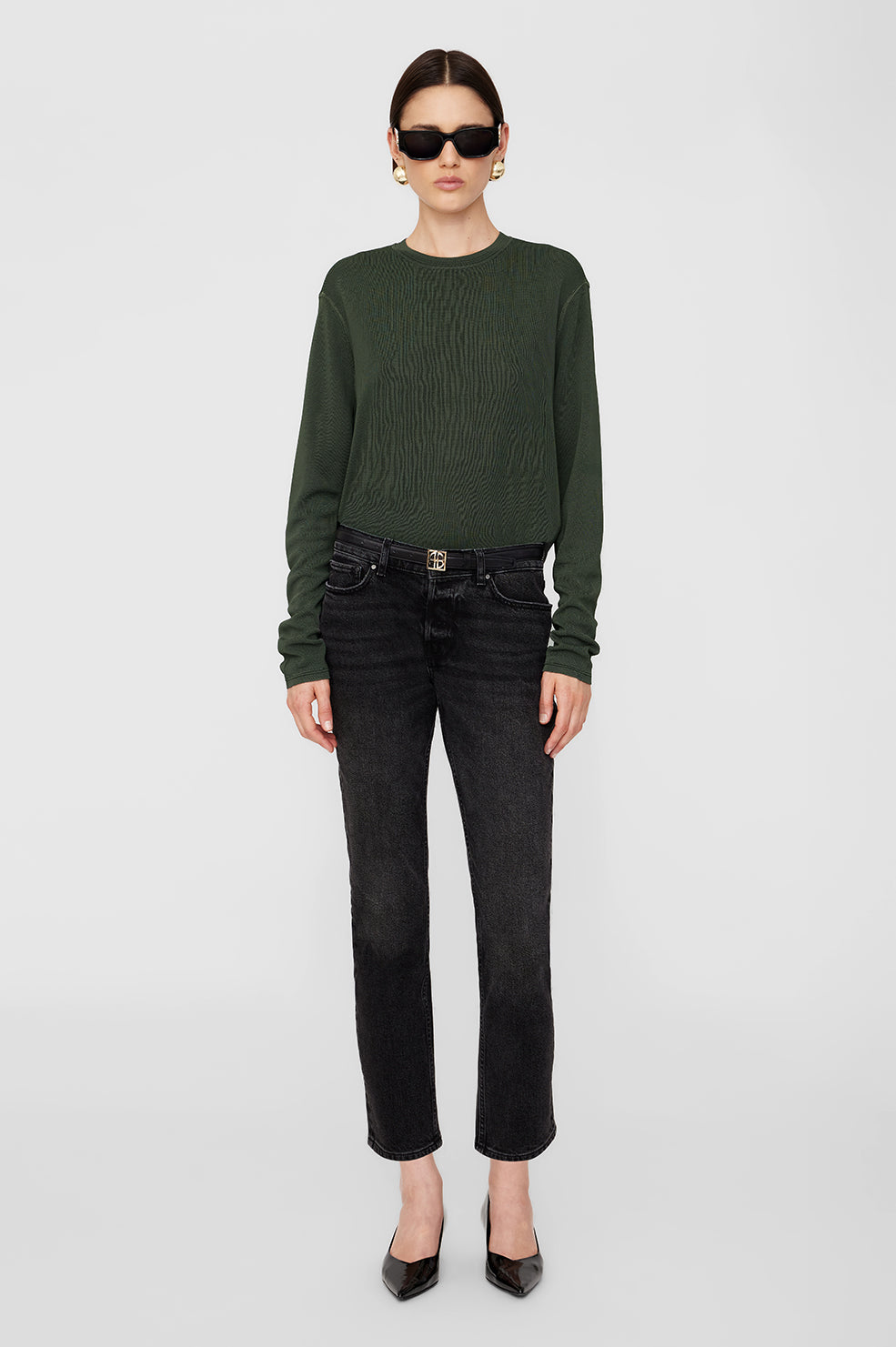 ANINE BING Giorgio Long Sleeve Sweater in Dark Olive