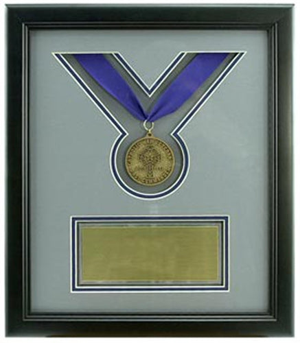 10 x 12 Medal Shadowbox Frame Mat-out C976 Gray, Mat-in B885 Blue, Black Wood Frame